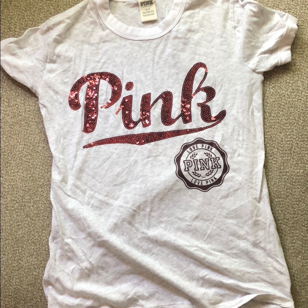 VS PINK glitter writing gray T-shirt